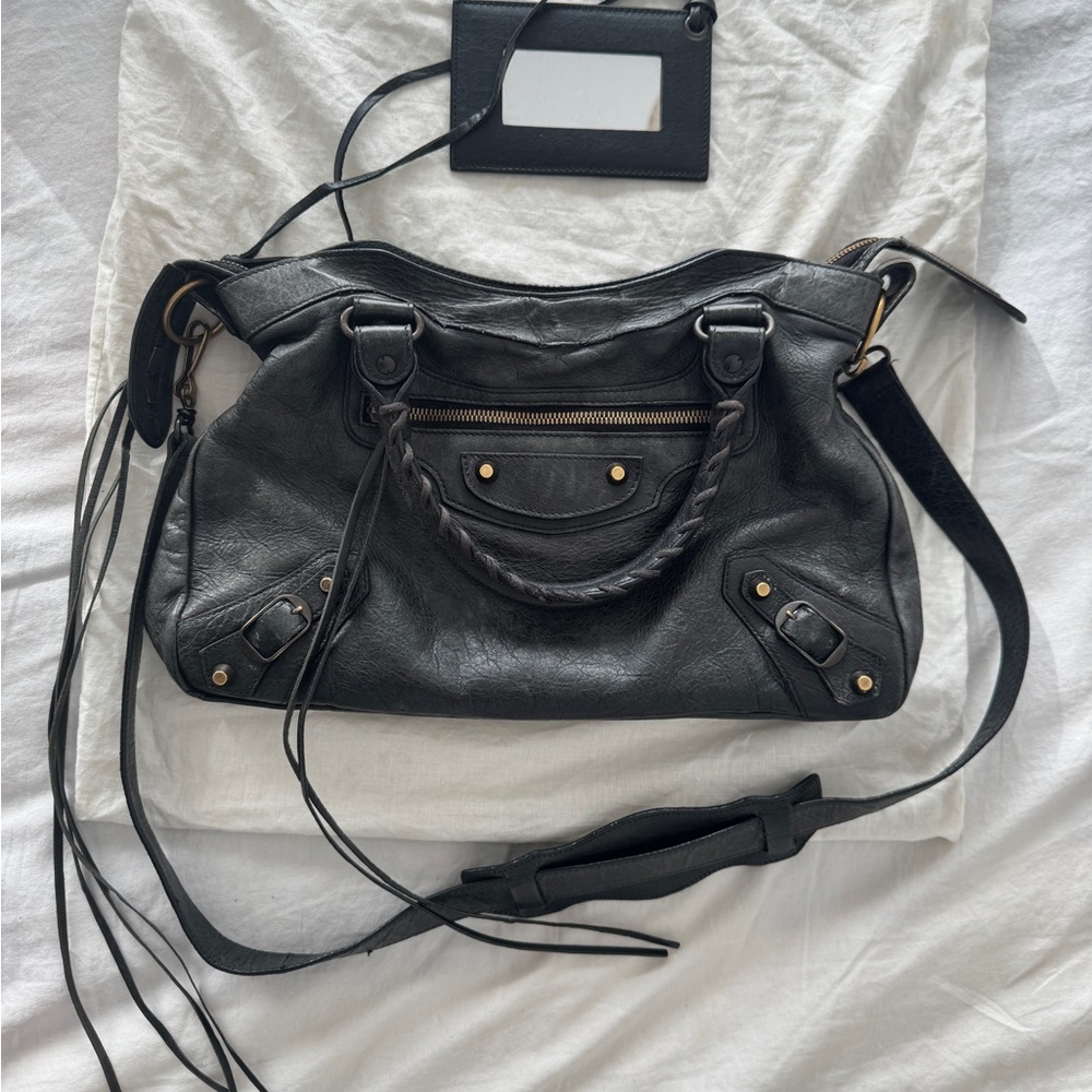Balenciaga Black Leather Shoulder Bag Town City Style